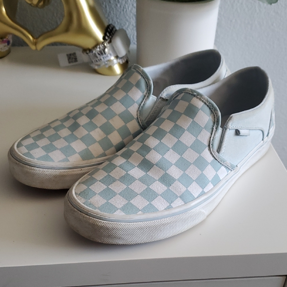 Checkered Blue And White Slip-On Vans